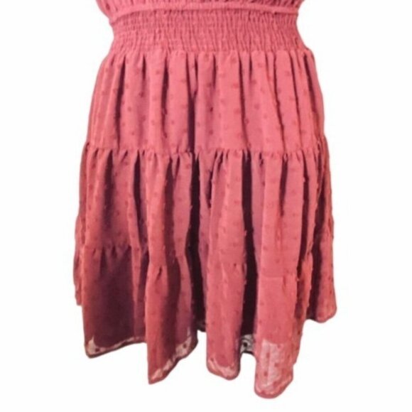 Sweet Wanderer Swiss Dot Sleeveless Mini Dress In Maroon Smocked Waist Ruffled N - Picture 4 of 6